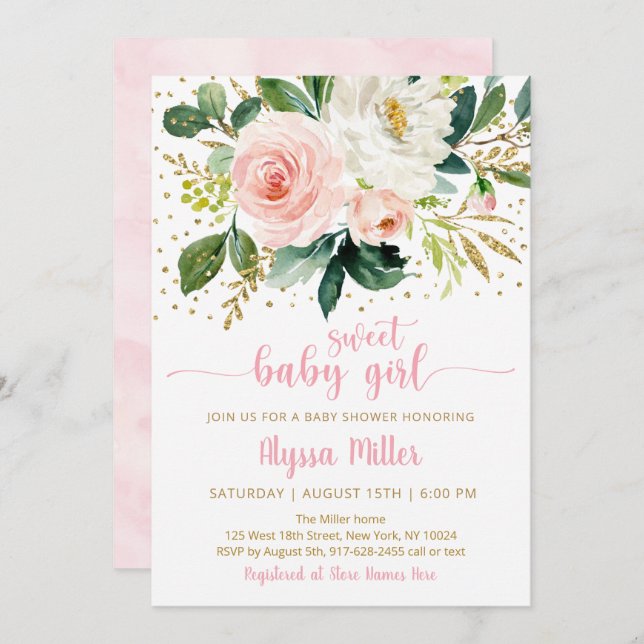 Convites Doce Menina Boho Dourado Rosa Floral (Frente/Verso)