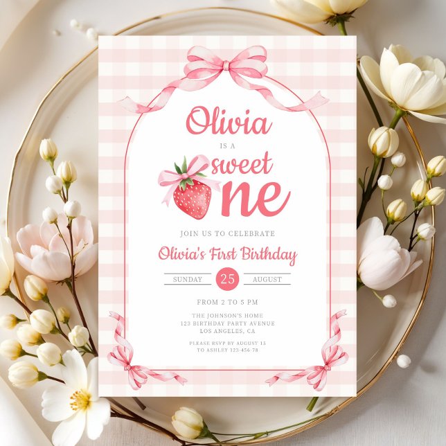 Convites Doce Menina Morango 1º Aniversário (Sweet One Strawberry Girl 1st Birthday Invitation)