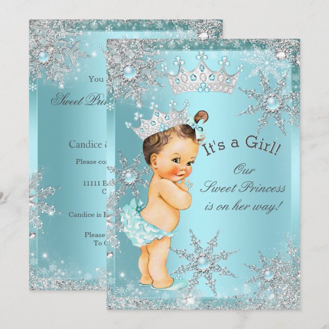 Convites Doce Menina Princesa Chá de Bebê Azul Brunette (Frente/Verso)