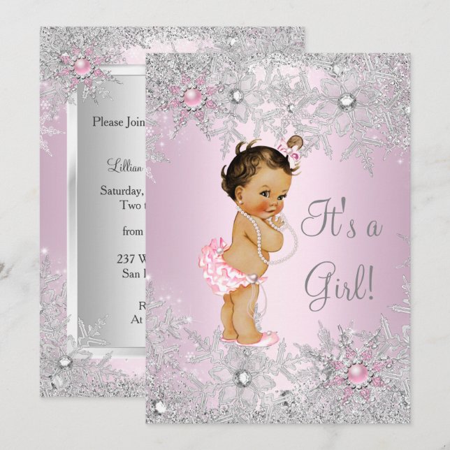 Convites Doce Menina Rosa Chuvada de Bebê Floco de Neve Inv (Frente/Verso)