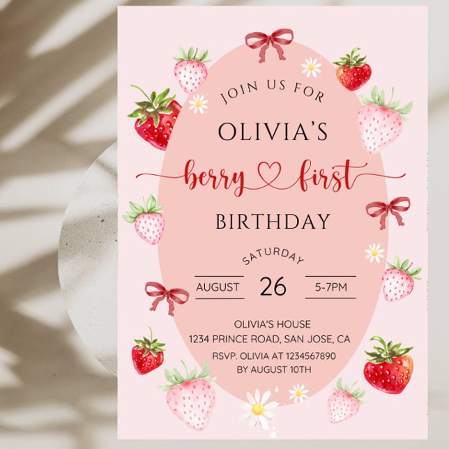 Convites Doce Morango Aniversário de 1 ano para Meninas  (Criador carregado)