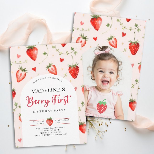 Convites Doce Morango Foto 1º Aniversário (berry first birthday party photo invitation girls strawberry 1st watercolor summer farmhouse patch)