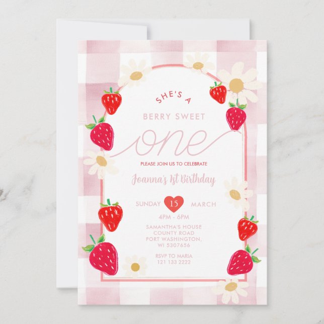 Convites Doce Morango Rosa Empoeirado Aniversário de Uma Be (Frente)