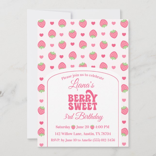Convites Doce Morango Rosa Fofinho Aniversário de 3 Anos Me (Frente)