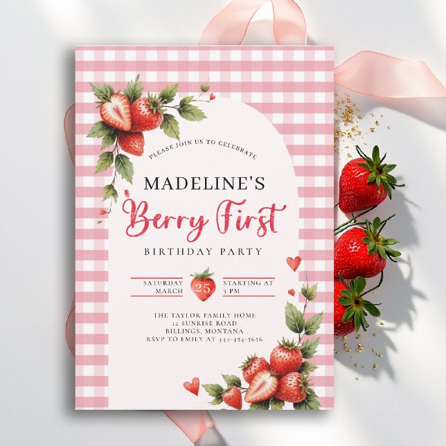 Convites Doce Morango Xadrez Verão 1º Aniversário (berry first birthday party invitation girls strawberry 1st watercolor summer farmhouse cottage patch)