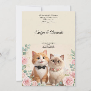Convites Doce Noiva e Noivo Gato 3D em Creme para Casamento