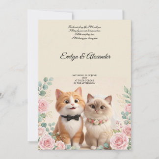 Convites Doce Noiva e Noivo Gato 3D em Creme para Casamento