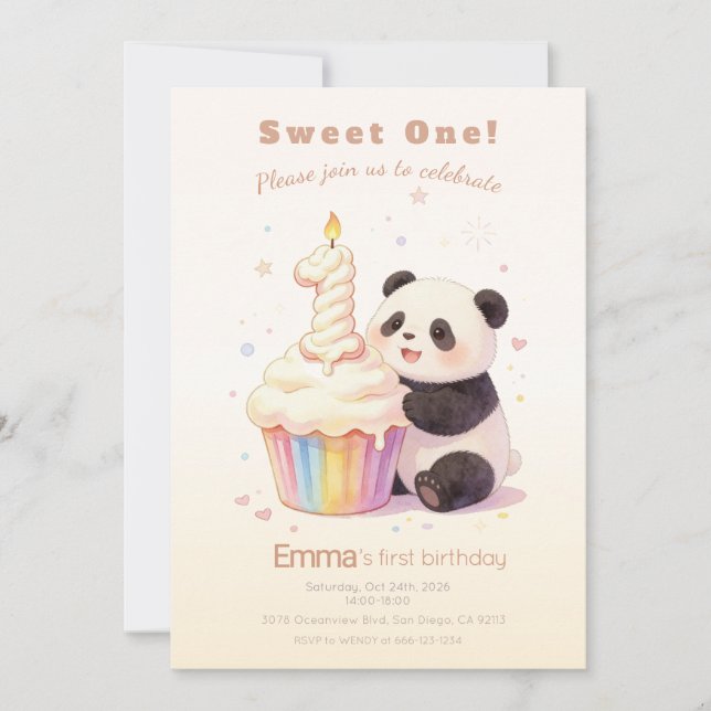 Convites Doce Panda de Pastel Aniversário de 1 ano (Frente)