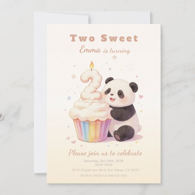 Convites Doce Panda de Pastel Aniversário de 2 anos (Frente)