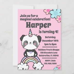 Convites Doce Panda Unicórnio Girly Invitation