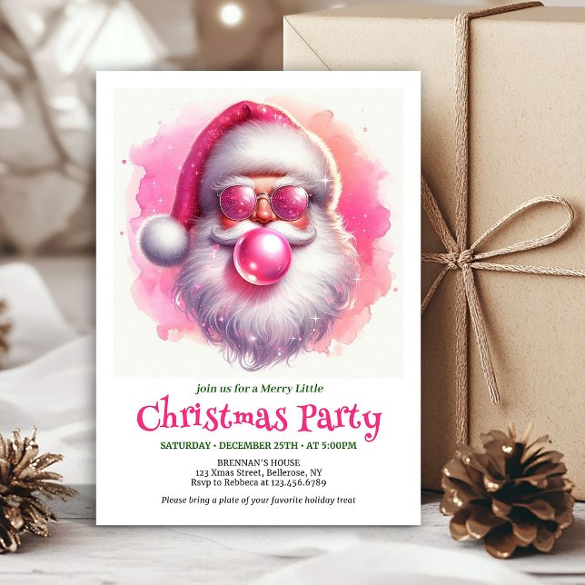 Convites Doce Papai Noel rosa chiclete aquarela Natal (Sweet pink santa chewing gum watercolor Xmas invite)