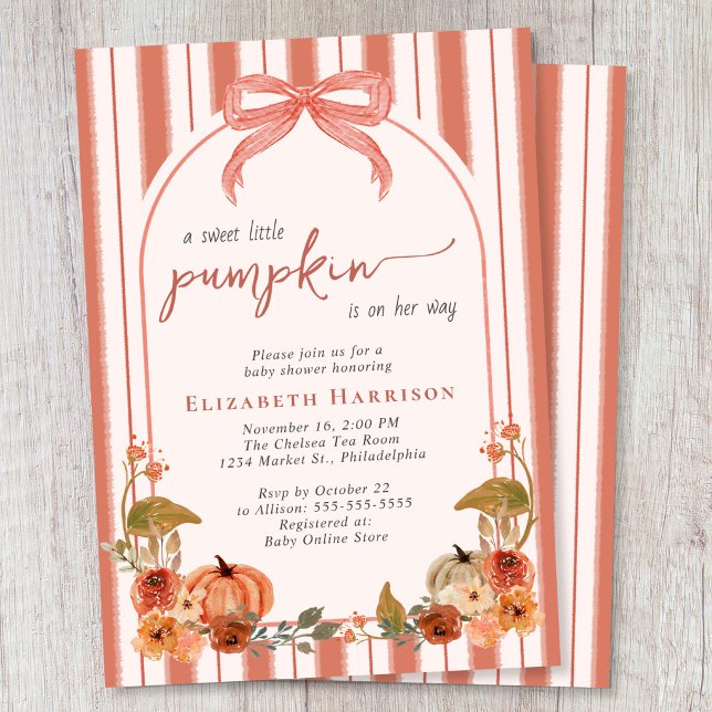 Convites Doce Pequena Abóbora Outono Bebê Menina Churrasco (Sweet Little Pumpkin Fall Baby Girl Shower Invitation)