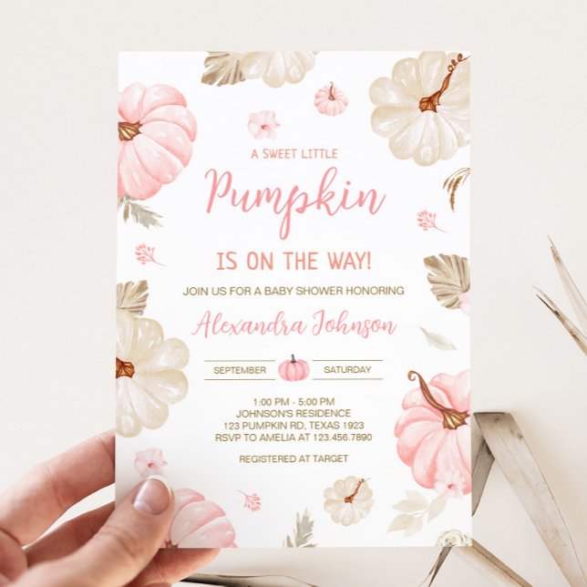 Convites Doce Pequeno Abóbora Rosa Festa de Bebê Outono (Girl Sweet Little Pumpkin Fall Baby Invitation)
