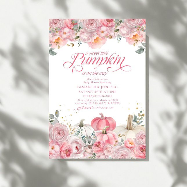 Convites Doce Pequeno Abóbora Rosa Floral Outono Chá de Beb (Criador carregado)