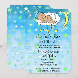 Convites Doce pequeno bebê hispânico estrelas e luas azuis