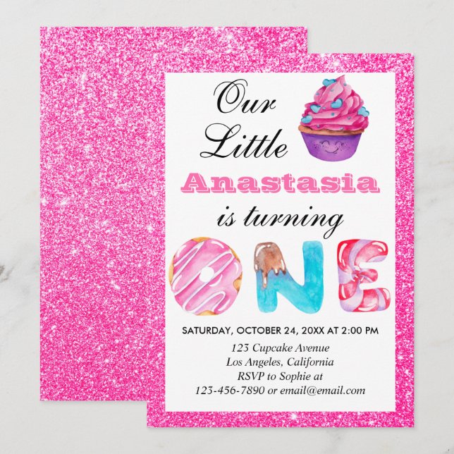 Convites Doce Pequeno Bolo de Aniversário de Rosa Brilhante (Frente/Verso)