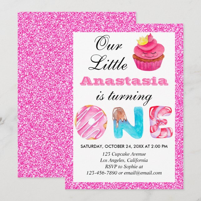 Convites Doce Pequeno Bolo de Aniversário Rosa Brilho 1º An (Frente/Verso)
