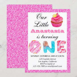 Convites Doce Pequeno Bolo de Aniversário Rosa Brilho 1º An