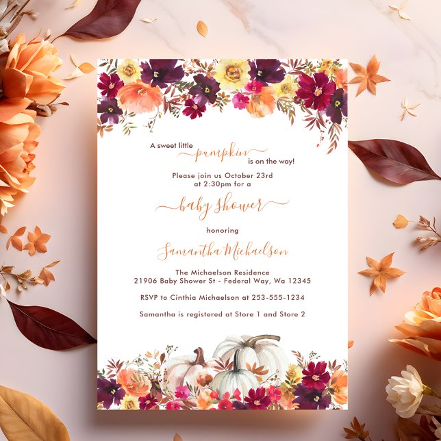 Convites Doce Pequeno Chá de fraldas Floral de Abóbora (Sweet Little Pumpkin Fall Floral Baby Shower Invitation)