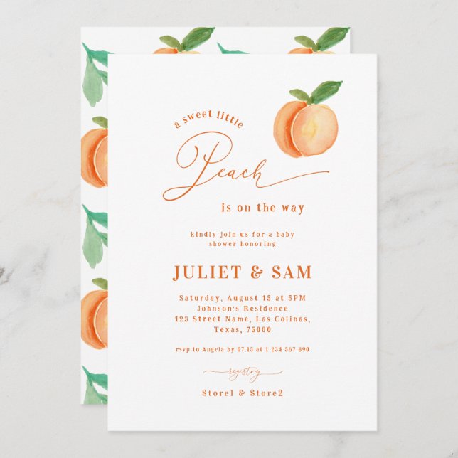 Convites Doce Pequeno Sexo de Pêssego Chá de fraldas Neutro (Frente/Verso)