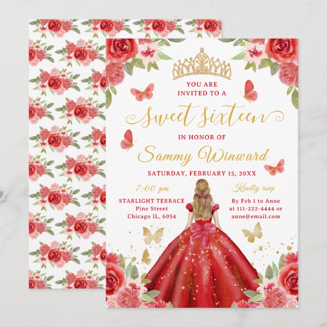 Convites Doce Princesa de Dezesseis Rosas Vermelhas Tiara D (Frente/Verso)