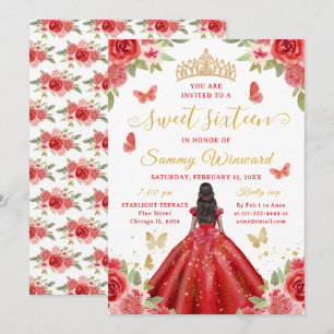 Convites Doce Princesa Negra Tiara Floral Vermelha Dezessei