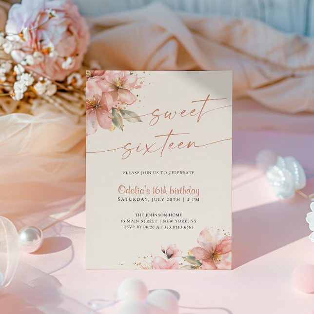 Convites Doce Rosa Floral Aniversário de 16 Anos (Criador carregado)