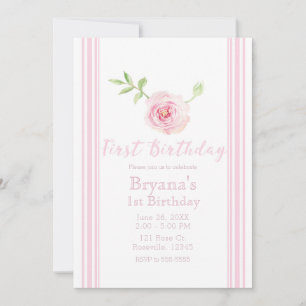Convites Doce Rosa Floral Meninas Primeiro Aniversário de 1