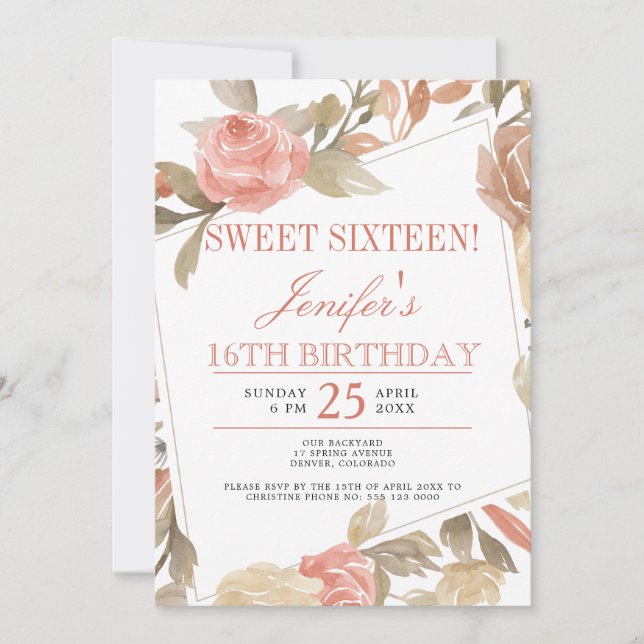 Convites Doce Rosa Pêssego Creme Floral Sweet Sixteen (Frente)