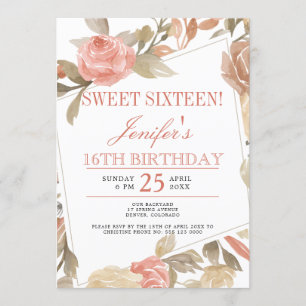 Convites Doce Rosa Pêssego Creme Floral Sweet Sixteen