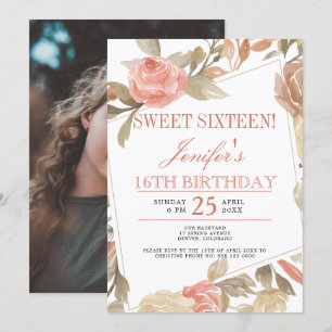 Convites Doce Rosa Pêssego Creme Floral Sweet Sixteen FOTO
