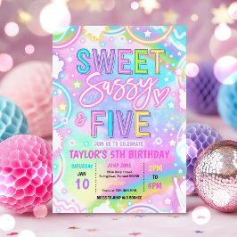 Convites Doce Sassy E Cinco Arco-Íris Neon Aniversário de 5