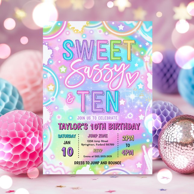 Convites Doce Sassy E Dez Arco-Íris Neon 10º Aniversário (Criador carregado)