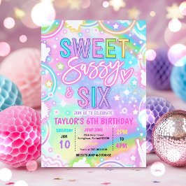 Convites Doce Sassy E Seis Arco-Íris Neon Aniversário de 6 