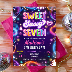 Convites Doce Sassy e Sete 7 Neon Glow Girl Aniversário