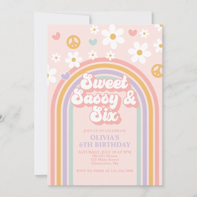 Convites Doce Sassy Seis Arco-íris de 6º Aniversário Retrô (Frente)