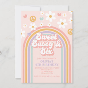 Convites Doce Sassy Seis Arco-íris de 6º Aniversário Retrô