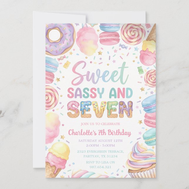 Convites Doce Sassy Sete 7º Aniversário (Frente)