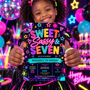 Convites Doce, Sassy & Sete: Aniversário de 7 anos Neon Glo