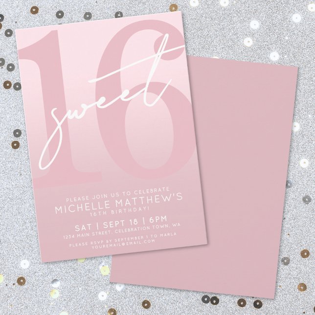 Convites Doce Sessenta e rosa 16º aniversário (Sweet Sixteen Blush Pink 16th Birthday Invitation)