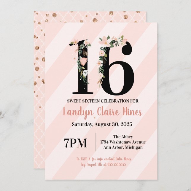 Convites Doce Sessenta Floral 16 Rosa e Blush Aniversário (Frente/Verso)