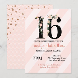 Convites Doce Sessenta Floral 16 Rosa e Blush Aniversário