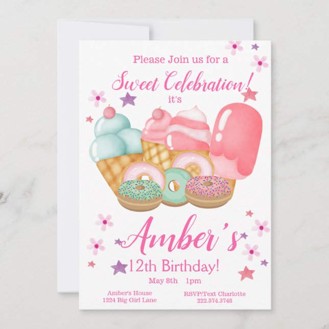 Convites Doce Sorvete, Rosquinha Aniversário, Qualquer Idad (Frente)