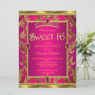 Convites Doce Tiara de Joias Rosa Quente Dourado Aniversári