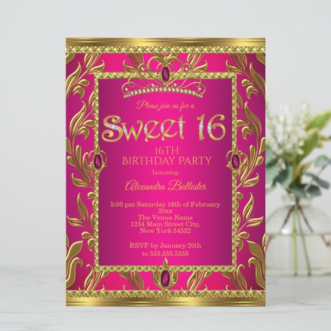 Convites Doce Tiara de Joias Rosa Quente Dourado Aniversári (Em pé/Frente)