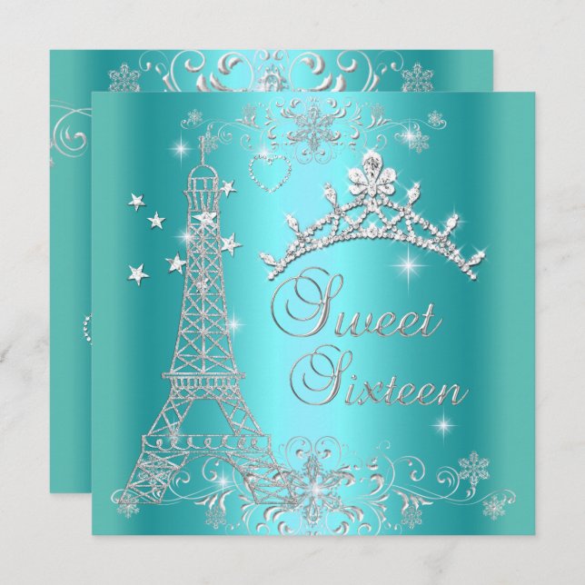 Convites Doce Torre Tiara Eiffel Azul 16 Teal (Frente/Verso)