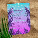 Convites Doce Tropical de Verão Exótico de na moda 16<br><div class="desc">Entra num mundo de encantamento com o nosso convite de aniversário 16 doce, perfeito para a tua ocasião especial! O design apresenta um fundo de gradiente cativante que transita de um roxo místico para um teal sereno, definindo o palco para uma noite mágica. As luzes de cordas festivas brilham no...</div>