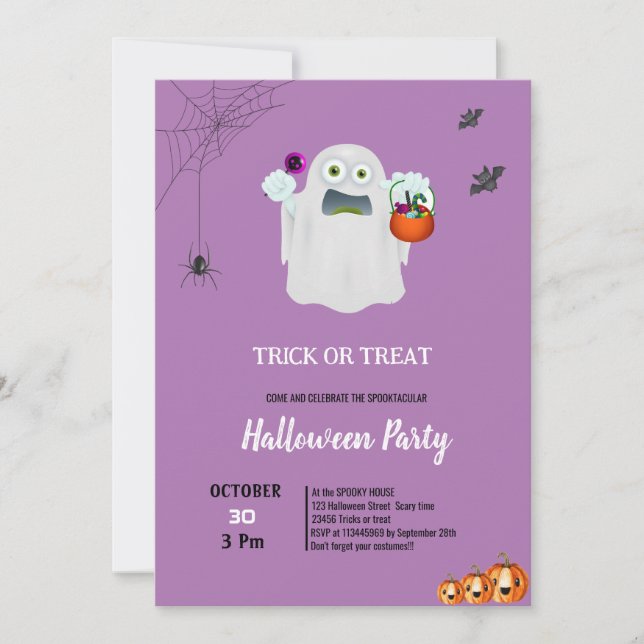 Convites Doce truque fantasma abóbora roxa halloween  (Frente)