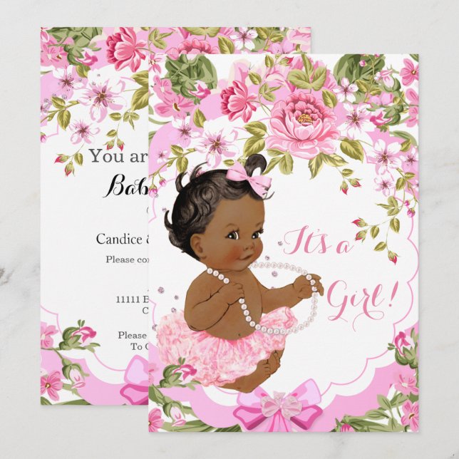 Convites Doce Tutu Étnico Rosa Floral Para Chás de Bebê Men (Frente/Verso)