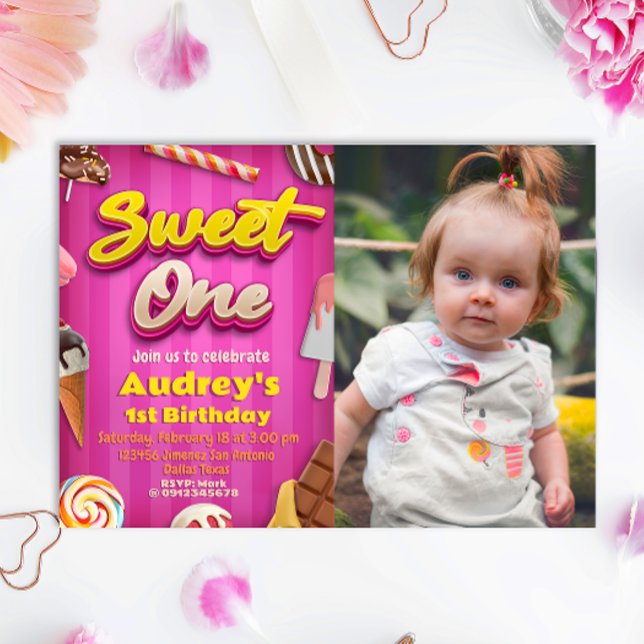 Convites Doce Um - primeiro aniversario de Rapariga com Fot (Sweet One - Girl 1st Birthday with Photo Invitation
)